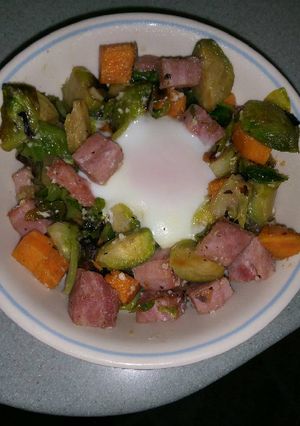 A picture of Roasted Brussels Sprouts & Ham Skillet.