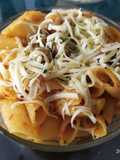 Pasta corta con pollo en salsa de tomates fritos