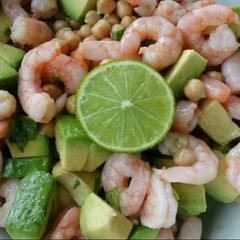 A picture of Chickpea, avocado & prawn salad with lime, chilli and coriander.