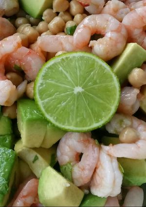 A picture of Chickpea, avocado & prawn salad with lime, chilli and coriander.