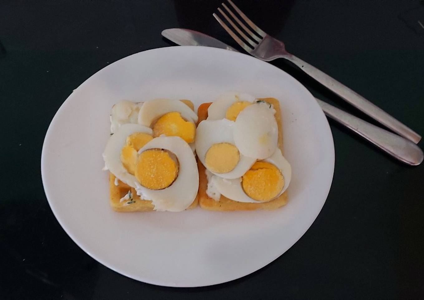 My Boiled Egg on Toasted Waffles with Soft Cheese, Chive + Parsley