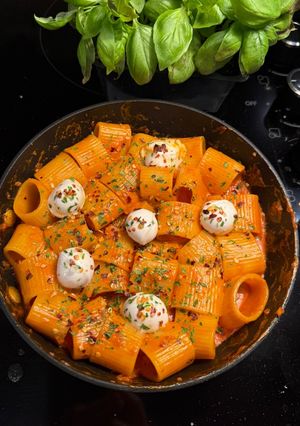 A picture of Spicy mozzarella rigatoni 🍝.