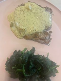 A picture of Pork chop with Mustard sauce.