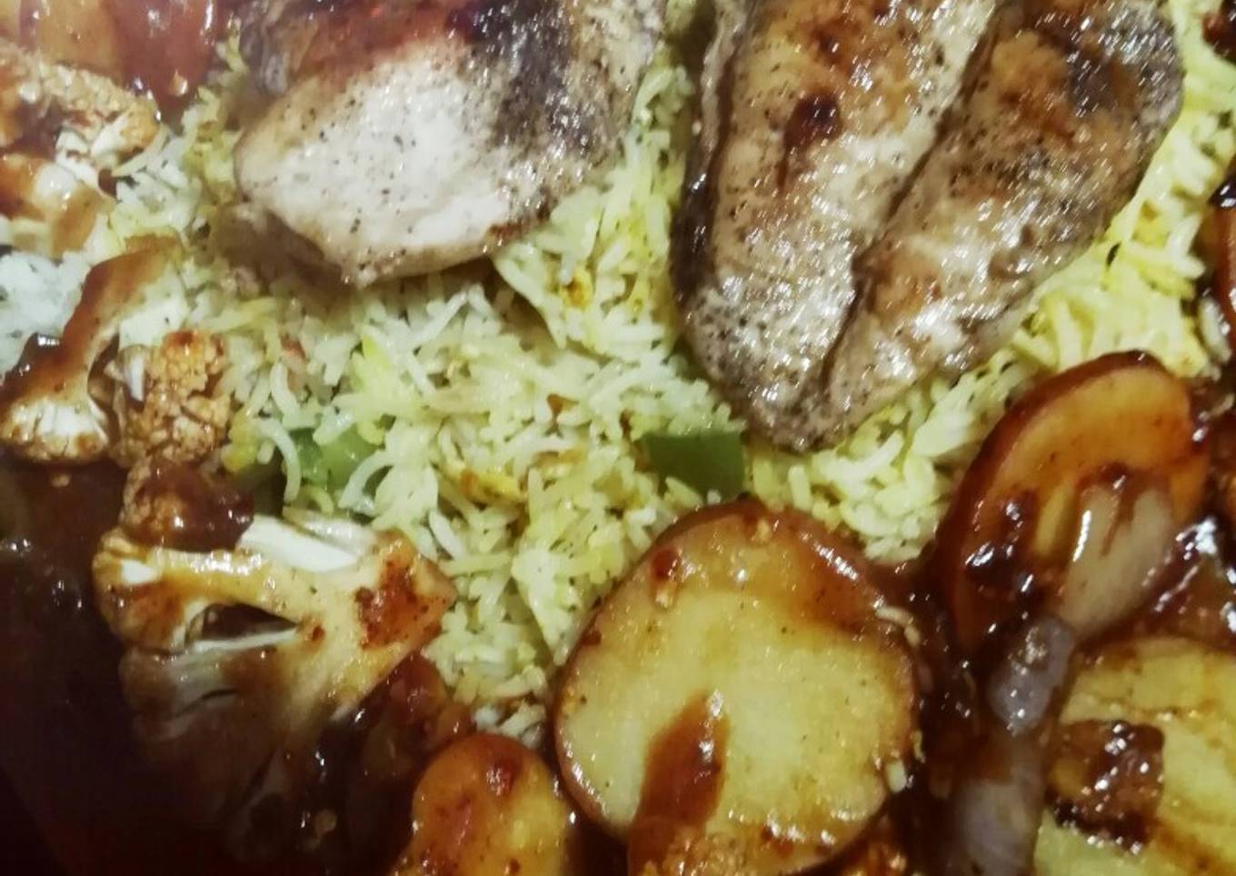 Chicken steak with red sauce and Grilled vegetables