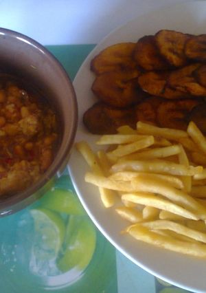 A picture of Fried Plantain/Irish potatoes with Scrambled Egg sauce.