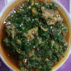 A picture of Ugbogulu and okro soup.