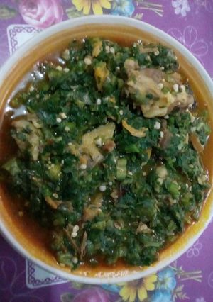 A picture of Ugbogulu and okro soup.