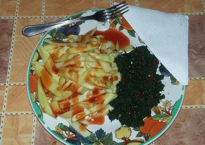 French fries with freid pumpkin leaves (kahurura)