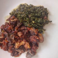 A picture of Fried Matumbo (Tripe) with Kienyeji.