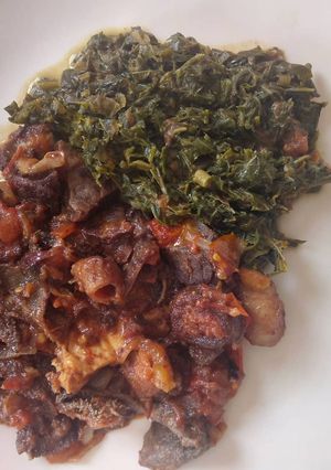 A picture of Fried Matumbo (Tripe) with Kienyeji.