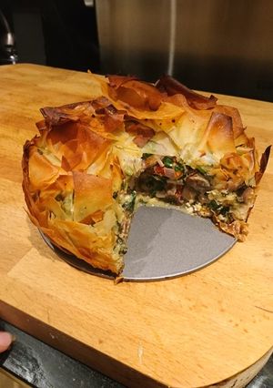 A picture of Spinach, feta, mushroom and filo pie.