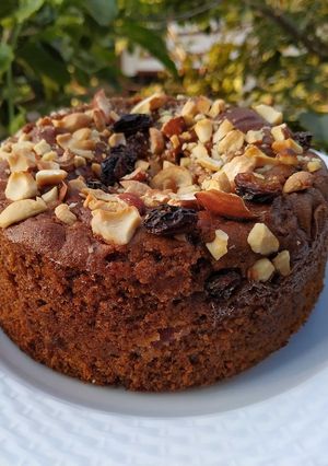 A picture of Whole wheat jaggery plum cake.