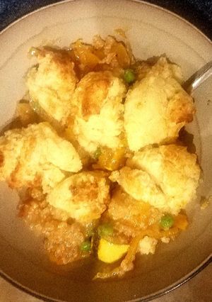 A picture of Delicata Squash and Quinoa with drop biscuits.
