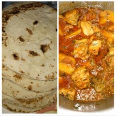 Naan with chicken curry A picture of Naan with chicken curry.