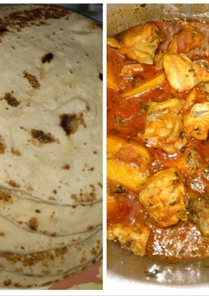 A picture of Naan with chicken curry.