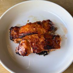A picture of Miso Honey Salmon in a Toaster Oven.
