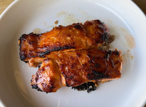 A picture of Miso Honey Salmon in a Toaster Oven.