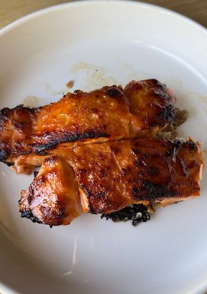 A picture of Miso Honey Salmon in a Toaster Oven.