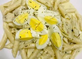 How to Prepare Yummy Low gluten spicy pasta with Lemon garlic mushroom top with egg and Parmesan cheese 