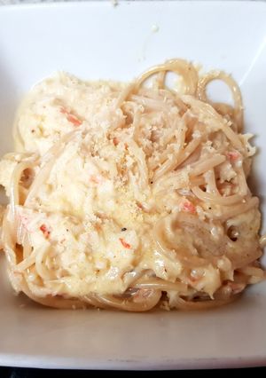 A picture of My Crab Alfredo with spaghetti (had no linguine pasta) 😉.