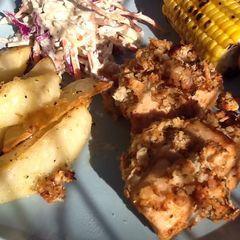Oven baked chicken, rainbow slaw, sticky wedges, charred corn A picture of Oven baked chicken, rainbow slaw, sticky wedges, charred corn.