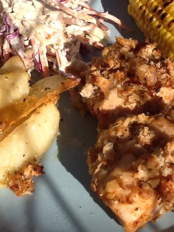 Recipe Oven baked chicken, rainbow slaw, sticky wedges, charred corn the Delicious So Delicious