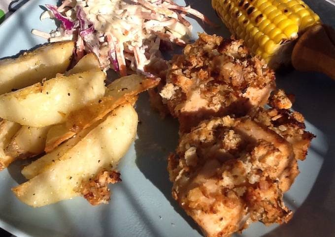 Oven baked chicken, rainbow slaw, sticky wedges, charred corn