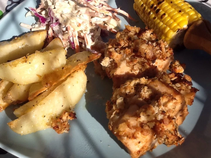 Recipe Oven baked chicken, rainbow slaw, sticky wedges, charred corn the Delicious So Delicious