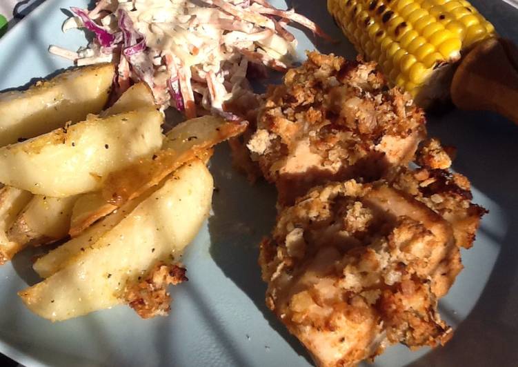 Steps to Make Award-winning Oven baked chicken, rainbow slaw, sticky wedges, charred corn