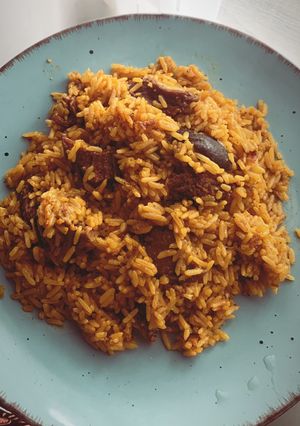 A picture of Goat meat Jollof rice.