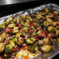 A picture of Brussel Sprouts, with Bacon, onions and a Balsamic Vinegar.