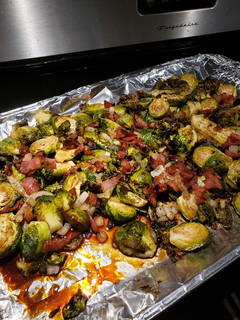 A picture of Brussel Sprouts, with Bacon, onions and a Balsamic Vinegar.