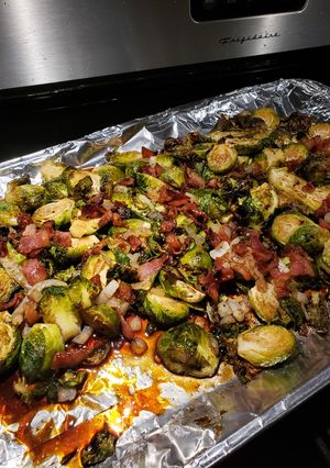 A picture of Brussel Sprouts, with Bacon, onions and a Balsamic Vinegar.