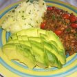 Mashed potatoes in coconut cream, minced beef & beans