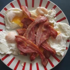 A picture of Air fried Bacon and Poached Eggs.