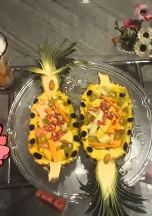 A picture of Russian salad and Zuccini banana choconut shake.