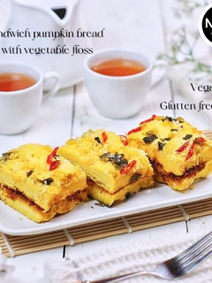 Foto resep Sandwich pumpkins bread with vegetable floss (roti lapis labu isi Abon Vegan sayuran)