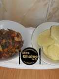 Boiled yam with steamed veggies moringa plantain egg n fish sauc