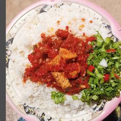 A picture of Rice and stew with salad.