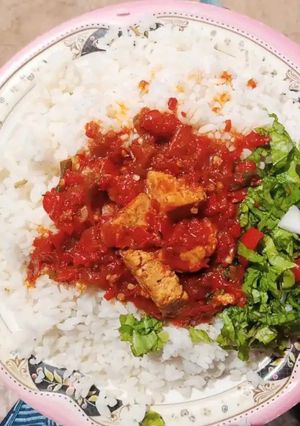 A picture of Rice and stew with salad.
