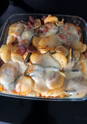 A picture of Potato, Zucchini, Chorizo, and Morbier Gratin.