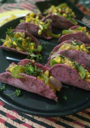 A picture of Beetroot Chapati tacos with sweet corn.