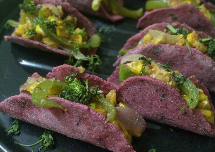 Beetroot Chapati tacos with sweet corn
