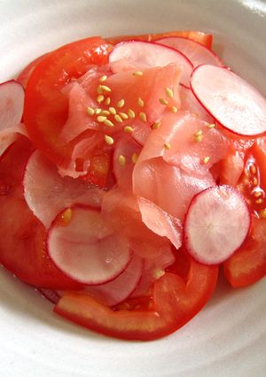 A picture of Pickled Ginger, Tomato & Radish ‘Sunomono’.