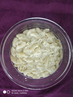 A picture of Macroni in white sauce.