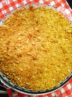 A picture of Apple and rhubarb crumble.