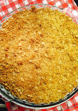 A picture of Apple and rhubarb crumble.