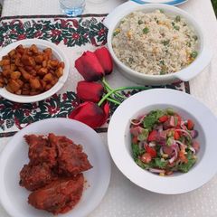 Fried rice with peppered chicken A picture of Fried rice with peppered chicken.