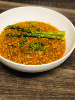 A picture of Carrot and Brown Lentil Soup with Ground Egusi and Bherebhere Spice.