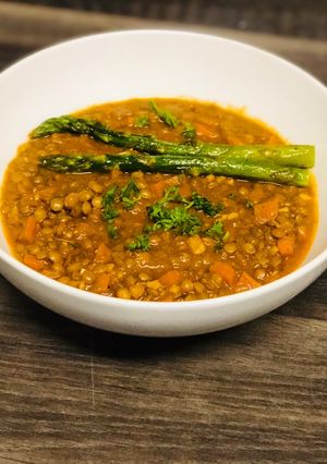 A picture of Carrot and Brown Lentil Soup with Ground Egusi and Bherebhere Spice.